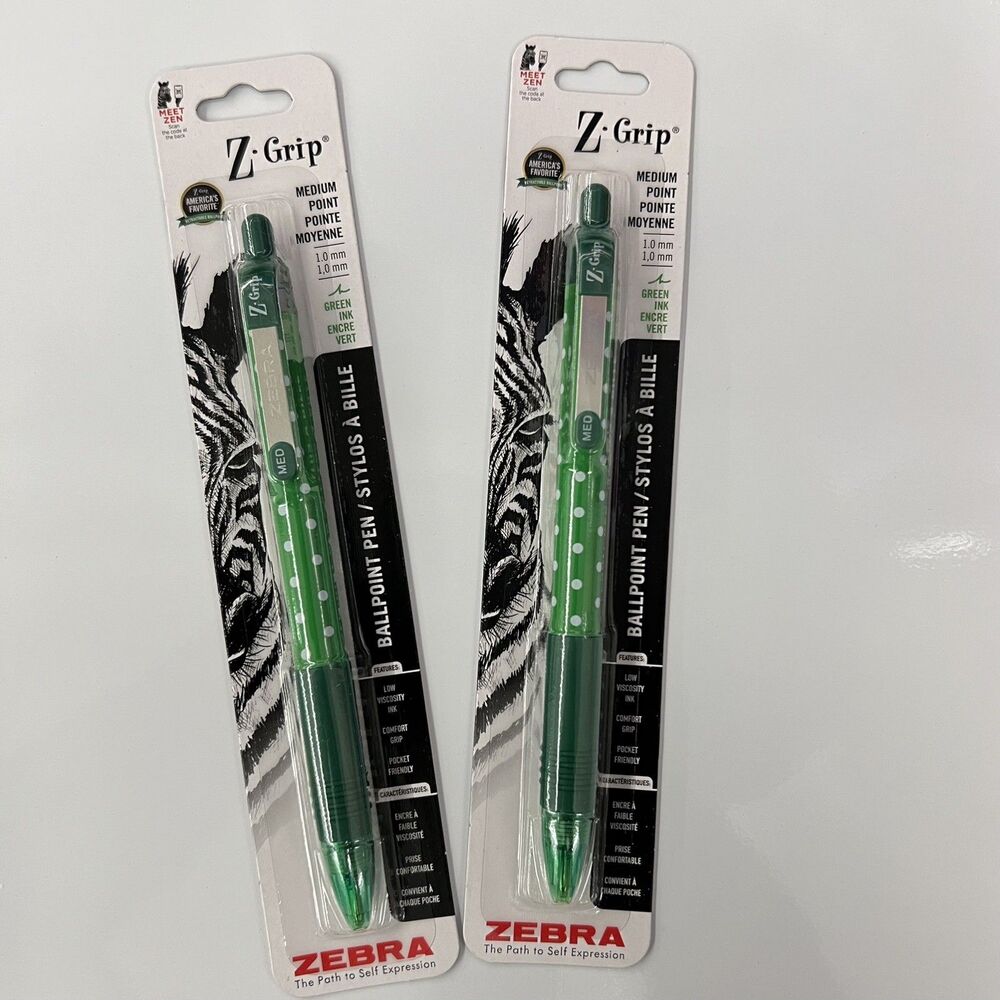 Zebra Z Grip Ball Point Pens Set of 2 Green Ink 1.0 mm Medium Point Polka Dot